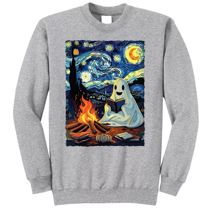 Ghost Book Reading Camping Halloween Van Gogh Starry Night Tall Sweatshirt