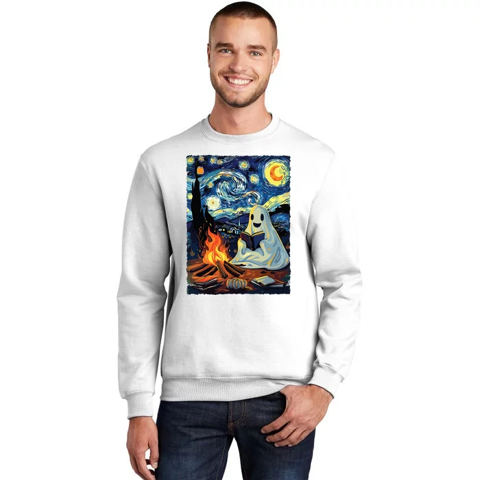 Ghost Book Reading Camping Halloween Van Gogh Starry Night Sweatshirt