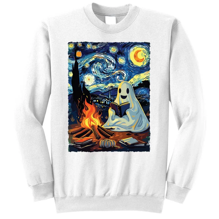 Ghost Book Reading Camping Halloween Van Gogh Starry Night Sweatshirt