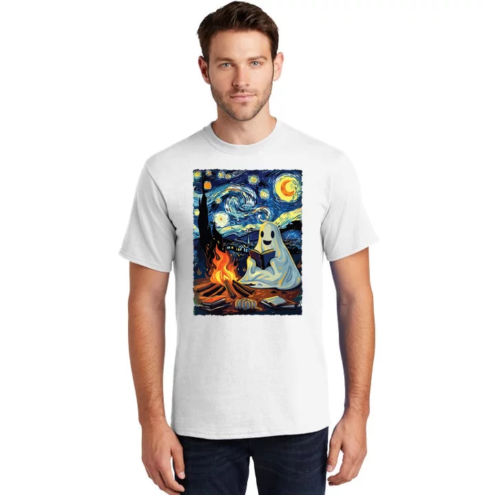 Ghost Book Reading Camping Halloween Van Gogh Starry Night Tall T-Shirt