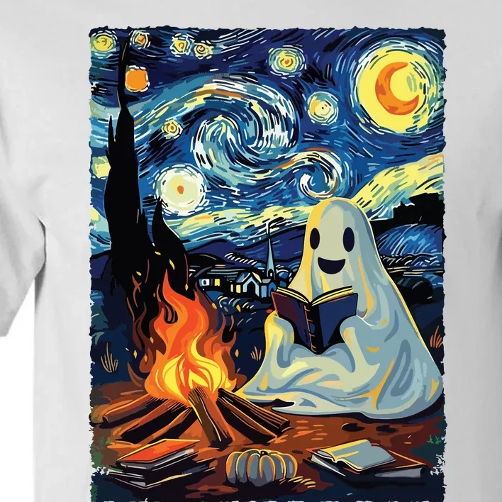 Ghost Book Reading Camping Halloween Van Gogh Starry Night Tall T-Shirt