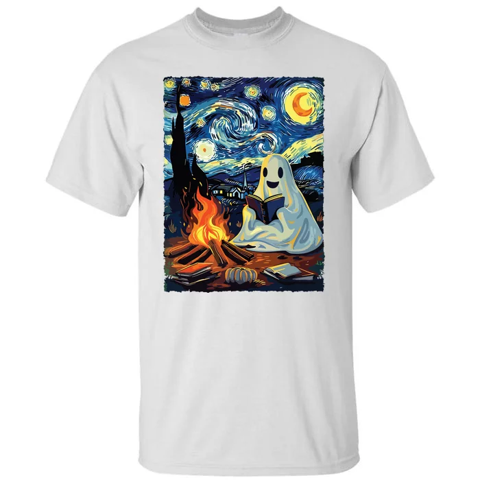 Ghost Book Reading Camping Halloween Van Gogh Starry Night Tall T-Shirt