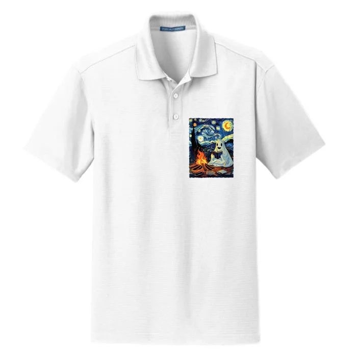 Ghost Book Reading Camping Halloween Van Gogh Starry Night Dry Zone Grid Performance Polo