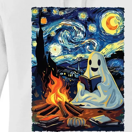 Ghost Book Reading Camping Halloween Van Gogh Starry Night Women's Pullover Hoodie