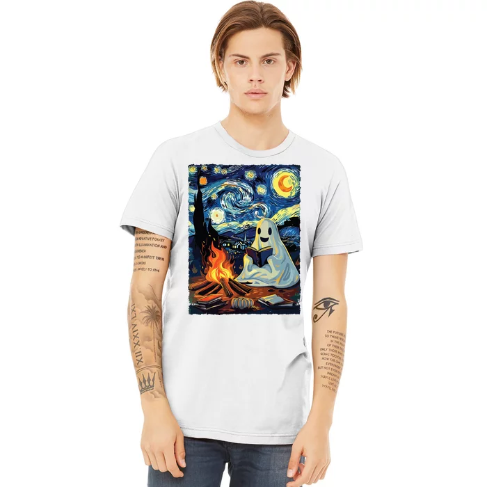 Ghost Book Reading Camping Halloween Van Gogh Starry Night Premium T-Shirt