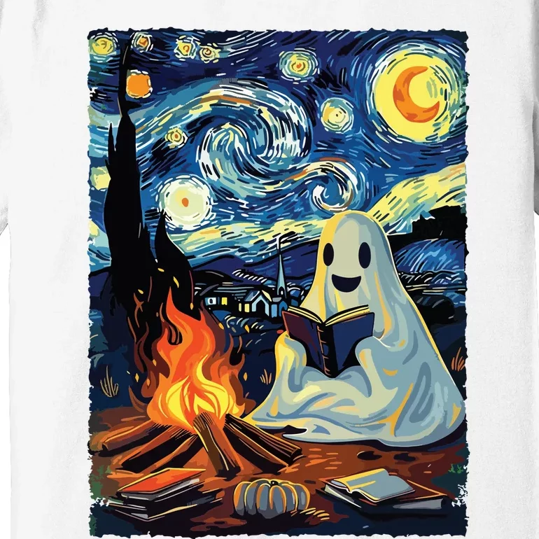 Ghost Book Reading Camping Halloween Van Gogh Starry Night Premium T-Shirt