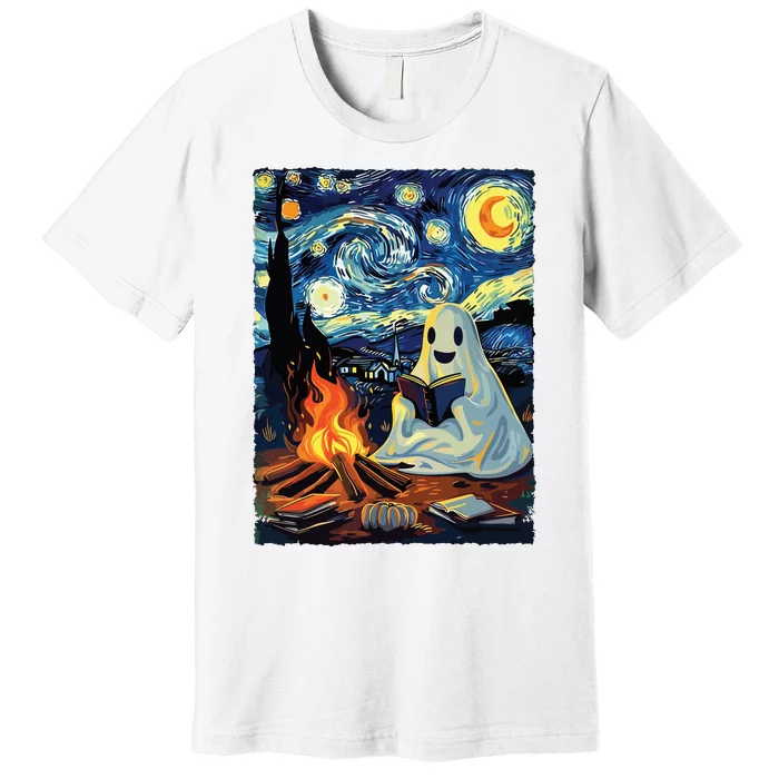 Ghost Book Reading Camping Halloween Van Gogh Starry Night Premium T-Shirt