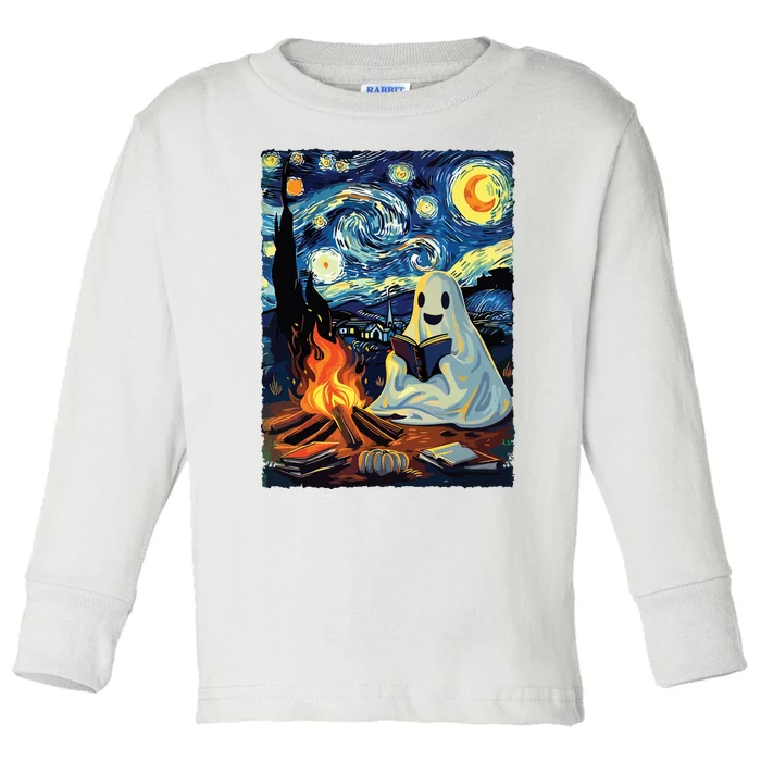 Ghost Book Reading Camping Halloween Van Gogh Starry Night Toddler Long Sleeve Shirt