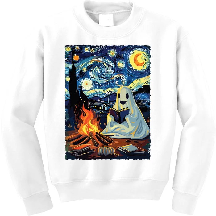 Ghost Book Reading Camping Halloween Van Gogh Starry Night Kids Sweatshirt