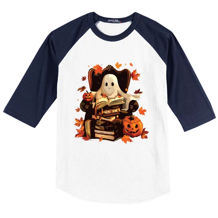 Ghost Book Reading Halloween Books Lover Teacher Baseball Sleeve Shirt