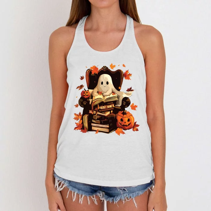 Ghost Book Reading Halloween Books Lover Teacher Women's Knotted Racerback Tank