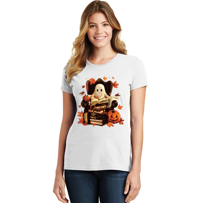 Ghost Book Reading Halloween Books Lover Teacher Women's T-Shirt