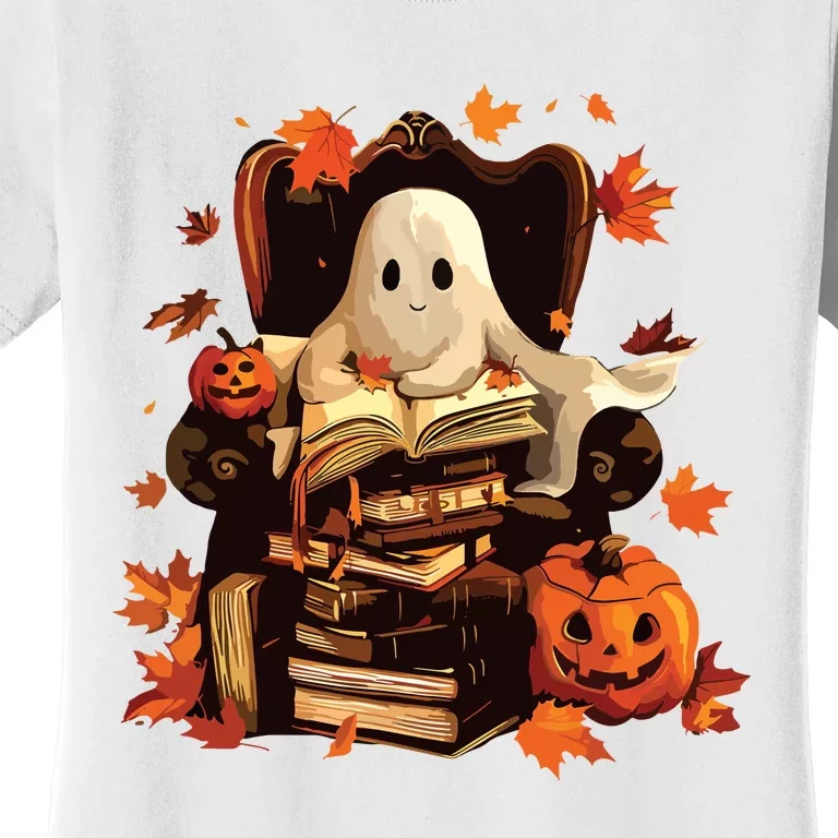 Ghost Book Reading Halloween Books Lover Teacher Women's T-Shirt