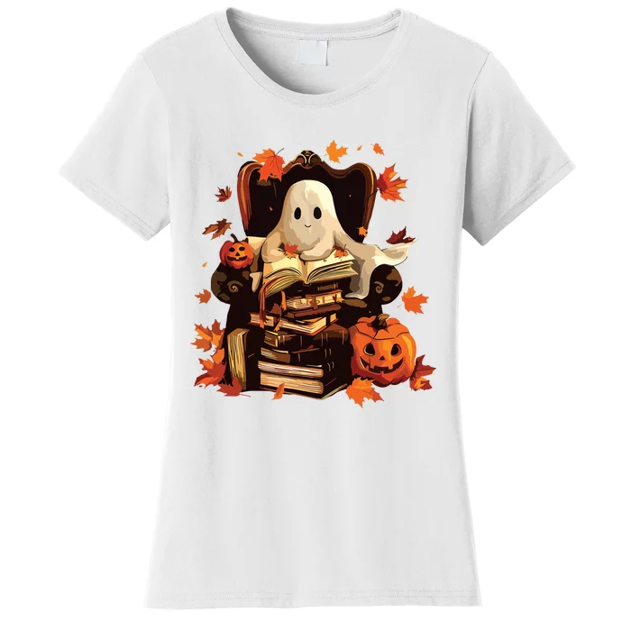 Ghost Book Reading Halloween Books Lover Teacher Women's T-Shirt