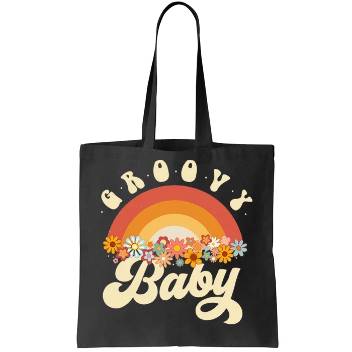 Groovy Baby Retro Rainbow Colorful Flowers Design Tote Bag