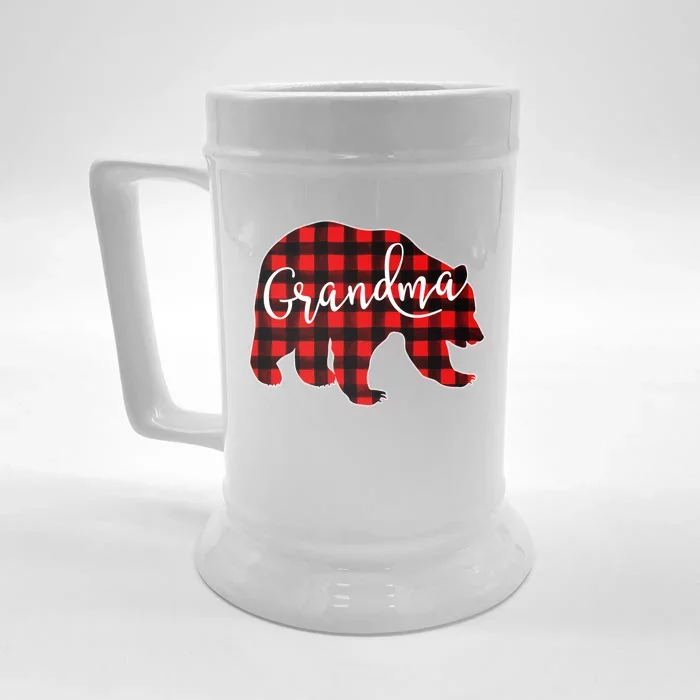 Grandma Bear Red Plaid Matching Family Christmas Eve Buffalo Gift Front & Back Beer Stein