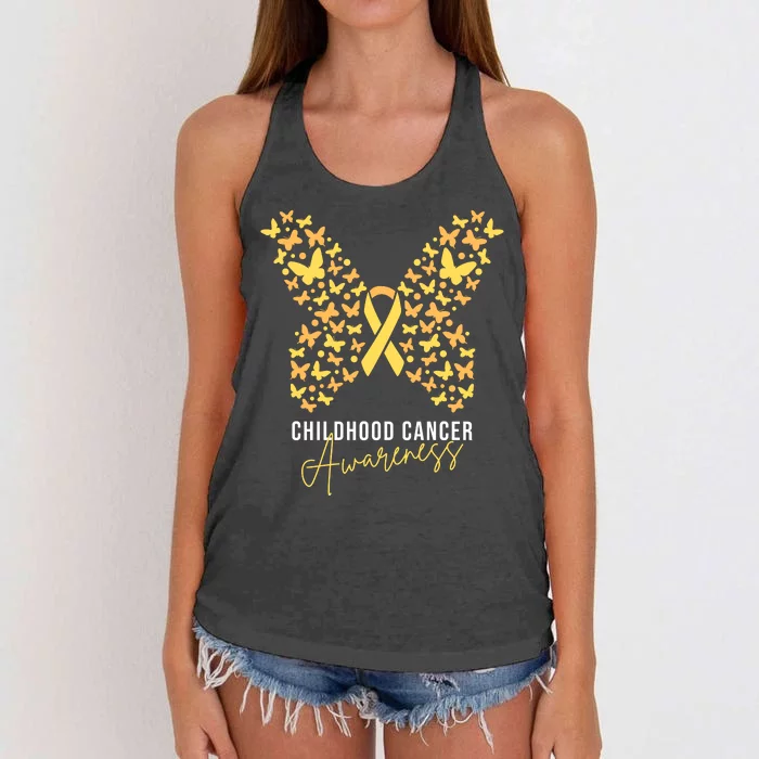 Gold Butterfly Ribbon Childhood Cancer Awareness Women's Knotted Racerback Tank