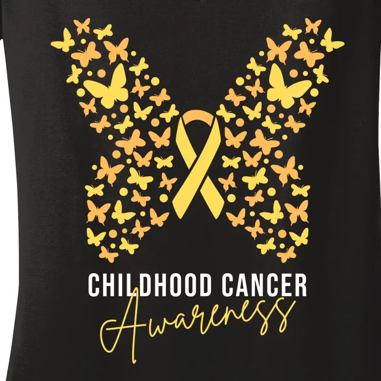 Gold Butterfly Ribbon Childhood Cancer Awareness Women's V-Neck T-Shirt