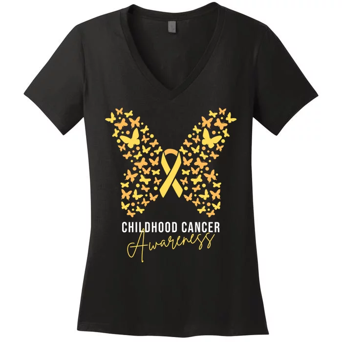 Gold Butterfly Ribbon Childhood Cancer Awareness Women's V-Neck T-Shirt