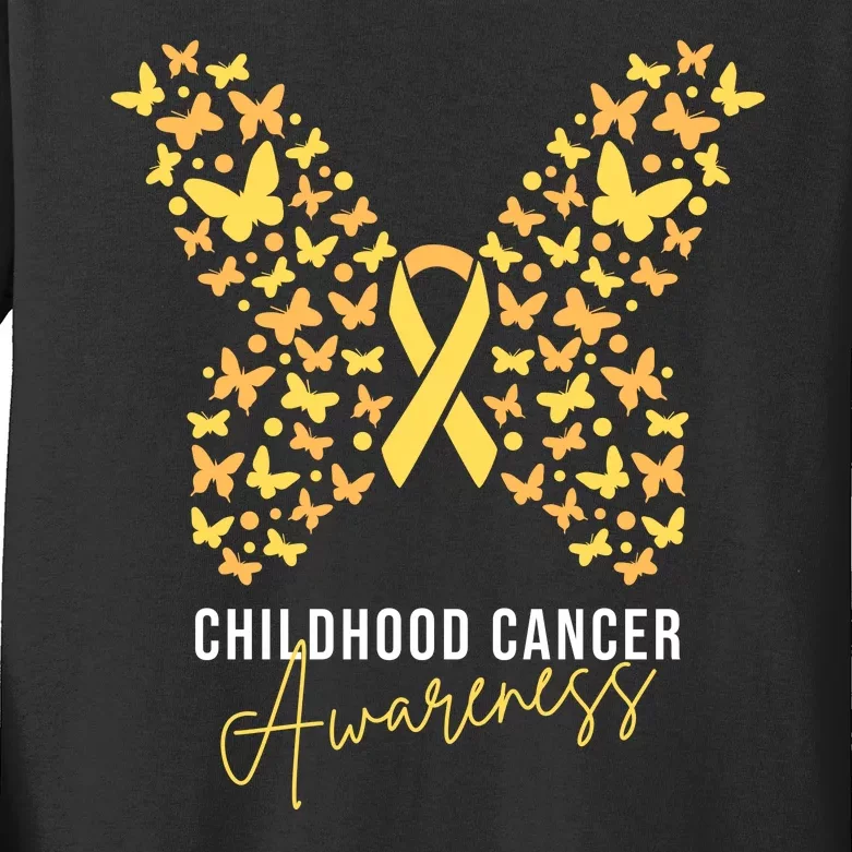 Gold Butterfly Ribbon Childhood Cancer Awareness Kids Long Sleeve Shirt