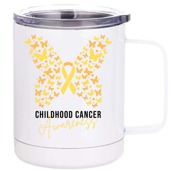 Gold Butterfly Ribbon Childhood Cancer Awareness Front & Back 12oz Stainless Steel Tumbler Cup