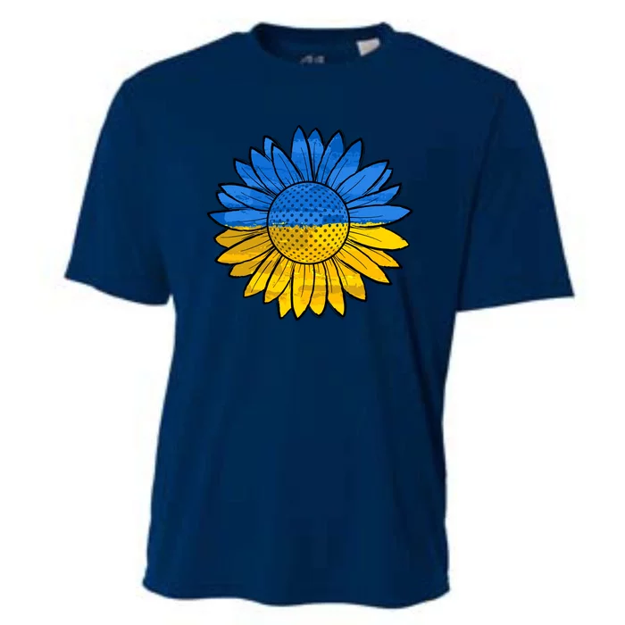 Gold & Blue Sunflower Flag Support Stand With Cooling Performance Crew T-Shirt