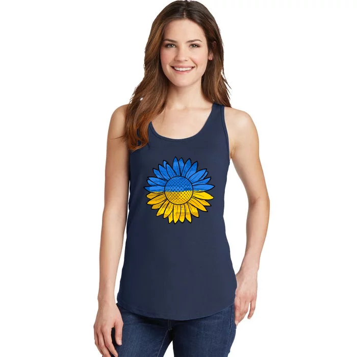 Gold & Blue Sunflower Flag Support Stand With Ladies Essential Tank