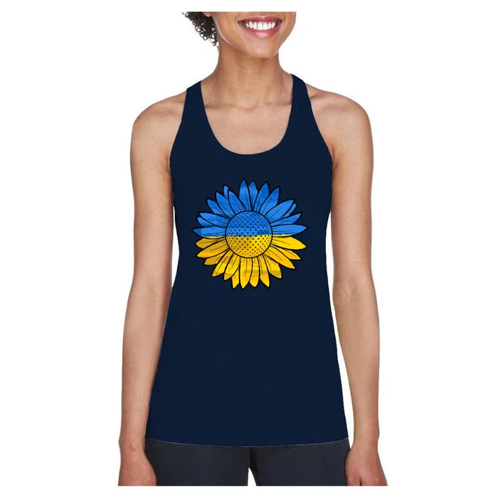 Gold & Blue Sunflower Flag Support Stand With Women's Racerback Tank