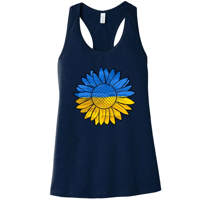 Gold & Blue Sunflower Flag Support Stand With Women's Racerback Tank