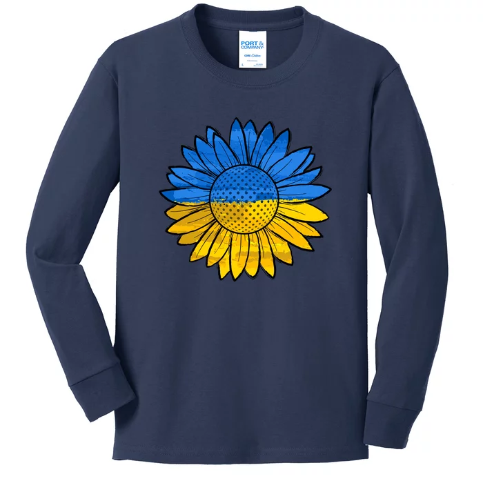 Gold & Blue Sunflower Flag Support Stand With Kids Long Sleeve Shirt