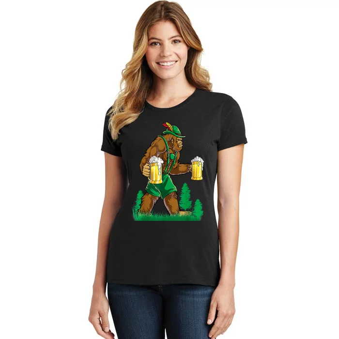 German Bigfoot Sasquatch Lederhose Funny Oktoberfest Costume Women's T-Shirt