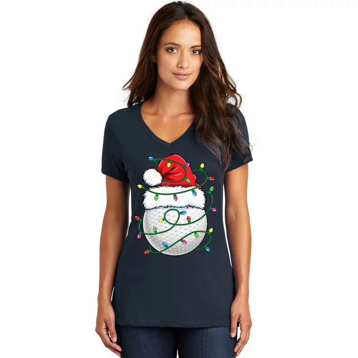 Golf Ball Santa Hat Christmas Golfing Xmas Lights Women's V-Neck T-Shirt