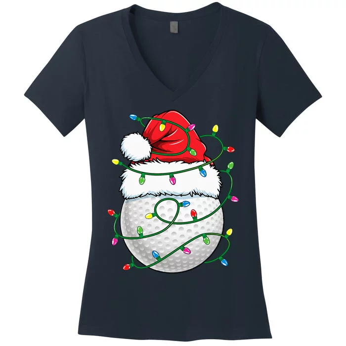 Golf Ball Santa Hat Christmas Golfing Xmas Lights Women's V-Neck T-Shirt