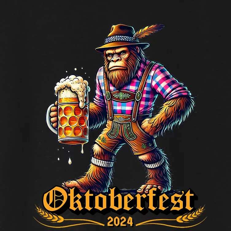 German Bigfoot Sasquatch Lederhose Funny Oktoberfest 2024 Women's Crop Top Tee