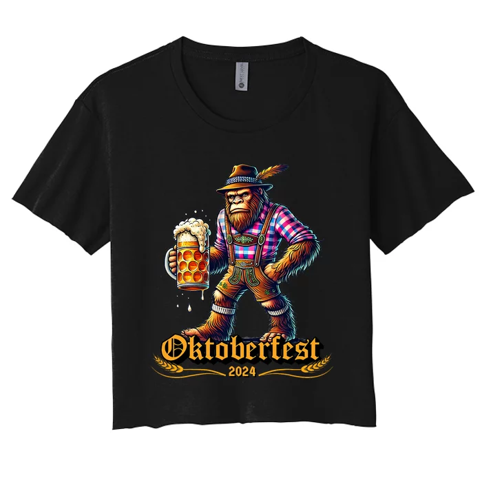 German Bigfoot Sasquatch Lederhose Funny Oktoberfest 2024 Women's Crop Top Tee