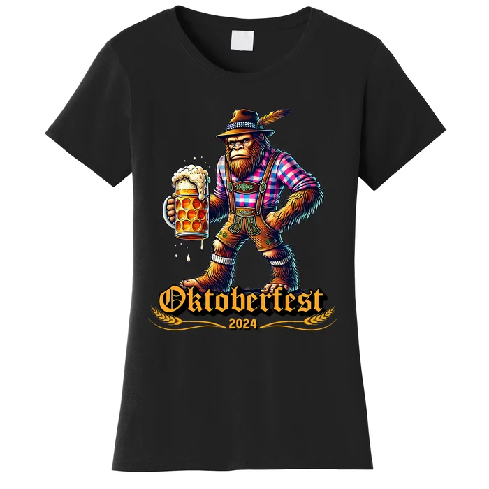 German Bigfoot Sasquatch Lederhose Funny Oktoberfest 2024 Women's T-Shirt