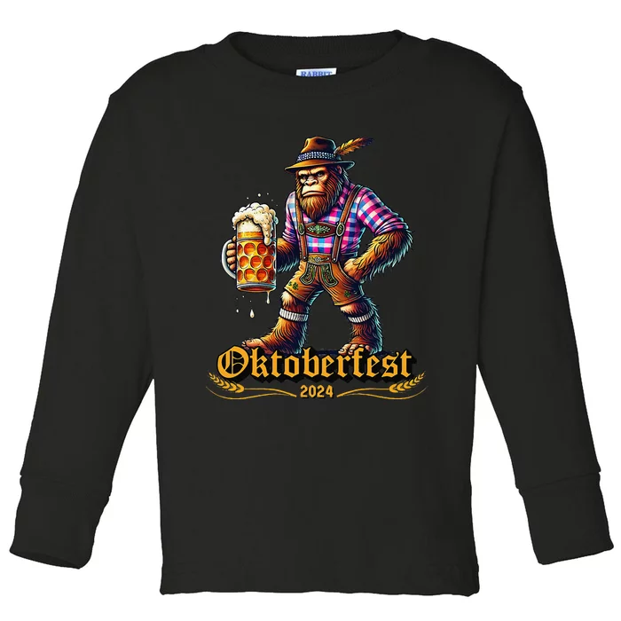 German Bigfoot Sasquatch Lederhose Funny Oktoberfest 2024 Gift Toddler Long Sleeve Shirt