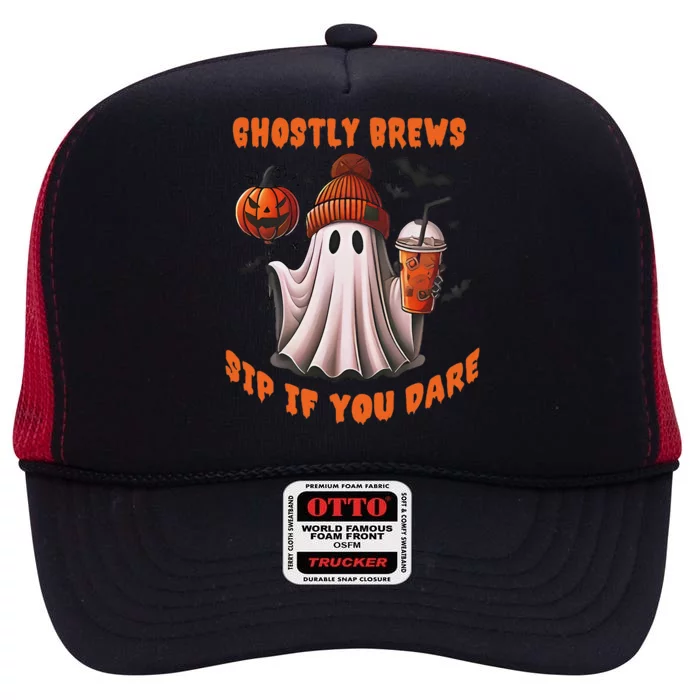 Ghostly Brews Sip If You Dare Drinkers Ghost Brew Halloween High Crown Mesh Trucker Hat