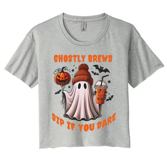 Ghostly Brews Sip If You Dare Drinkers Ghost Brew Halloween Women's Crop Top Tee