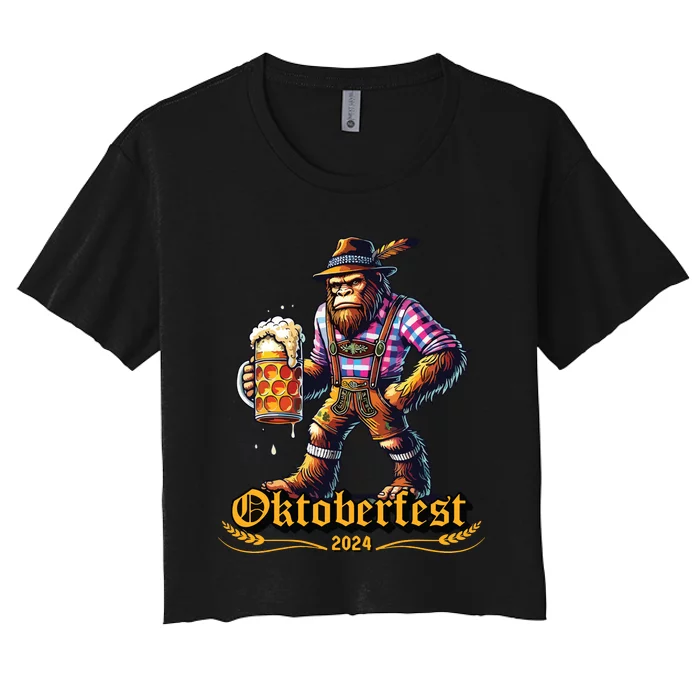 German Bigfoot Sasquatch Lederhose Funny Oktoberfest 2024 Women's Crop Top Tee