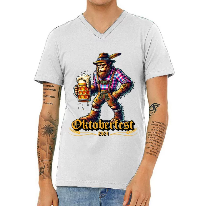 German Bigfoot Sasquatch Lederhose Funny Oktoberfest 2024 V-Neck T-Shirt