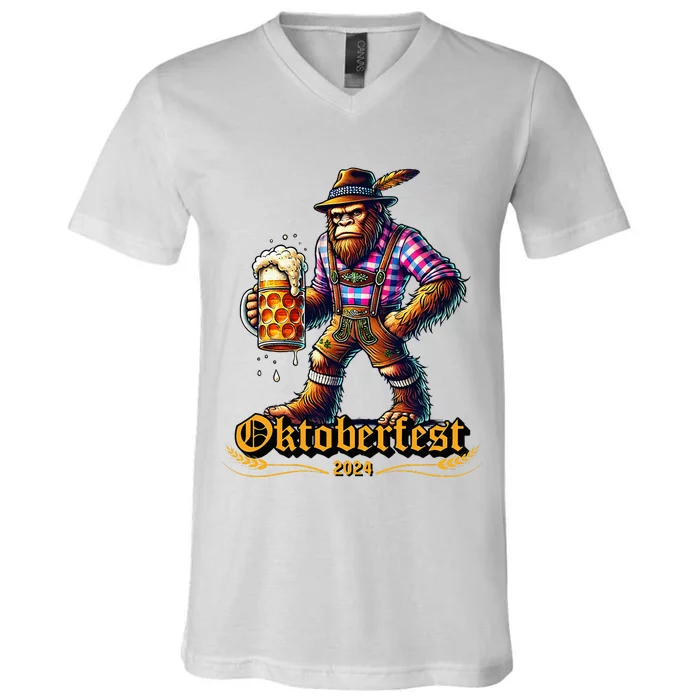 German Bigfoot Sasquatch Lederhose Funny Oktoberfest 2024 V-Neck T-Shirt