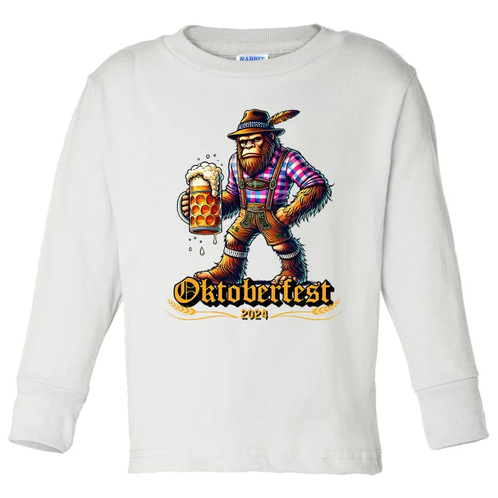 German Bigfoot Sasquatch Lederhose Funny Oktoberfest 2024 Toddler Long Sleeve Shirt