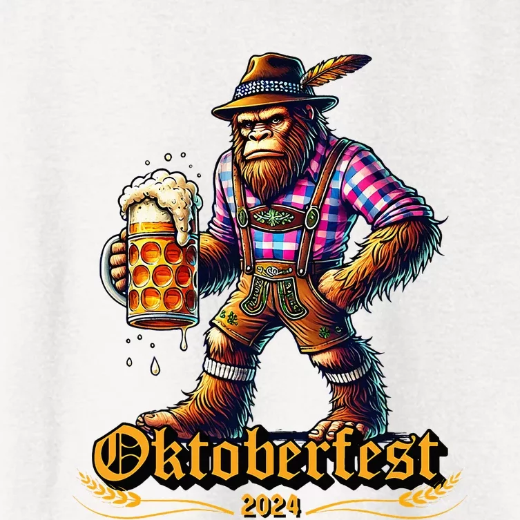 German Bigfoot Sasquatch Lederhose Funny Oktoberfest 2024 Women's Crop Top Tee