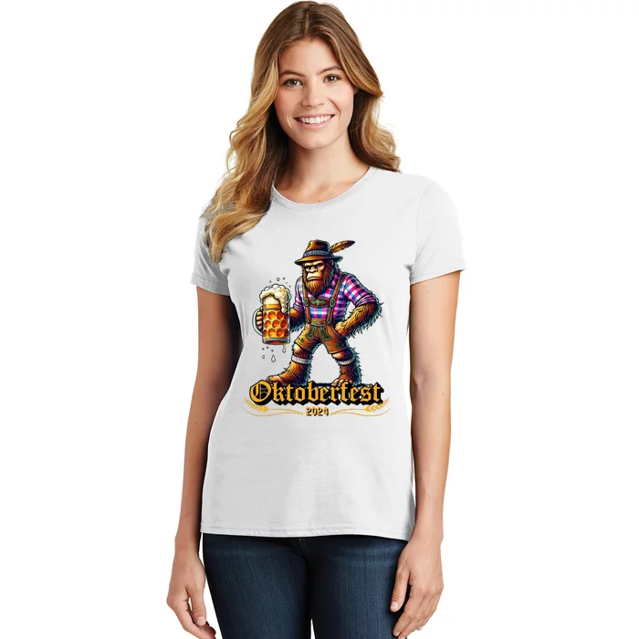 German Bigfoot Sasquatch Lederhose Funny Oktoberfest 2024 Women's T-Shirt