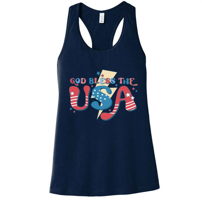 God Bless The USA American Flag Patriotic Retro 4th Of July Gift Women's Racerback Tank