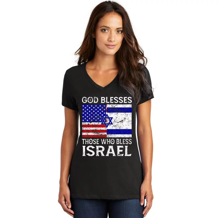 God Blesses Those Who Bless Israel Usa Flag Israeli Flag Women's V-Neck T-Shirt