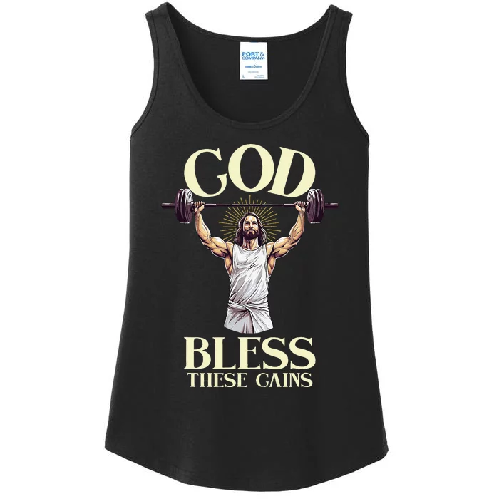 God Bless These Gains Fitness Jesus Lift Weight Ladies Essential Tank