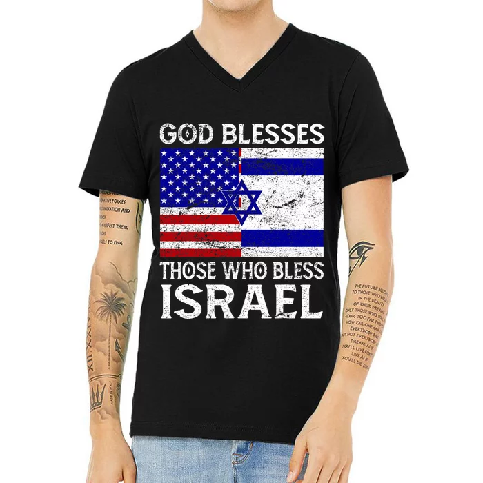 God Blesses Those Who Bless Israel Usa Flag Israeli Flag V-Neck T-Shirt