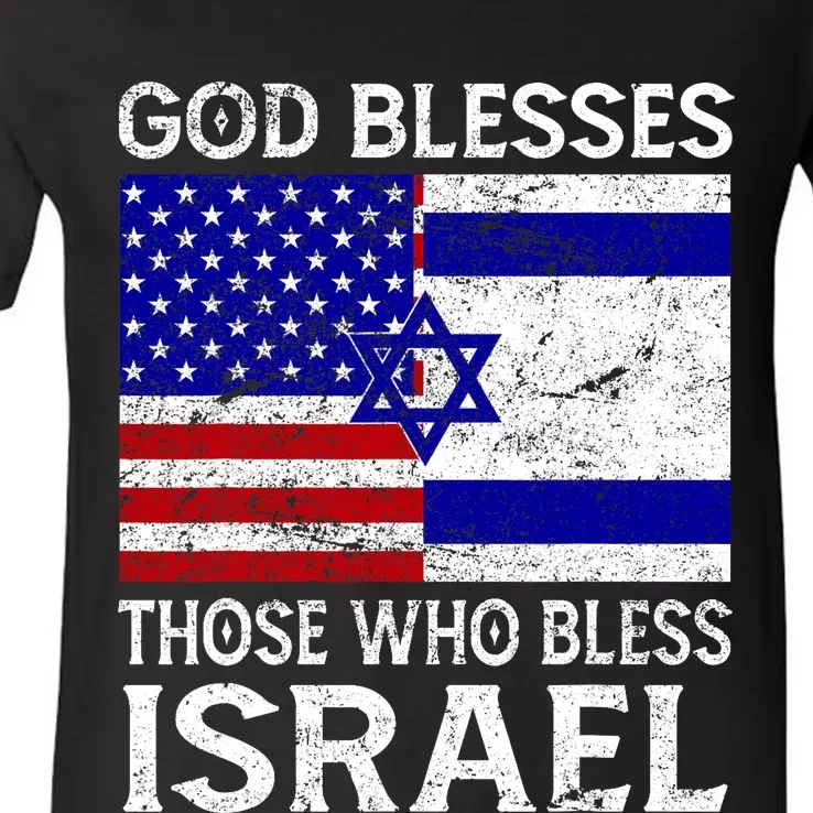 God Blesses Those Who Bless Israel Usa Flag Israeli Flag V-Neck T-Shirt